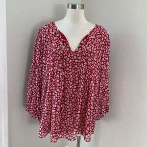 Tommy Hilfiger Womens Plus 2X Red Floral Blouse Long Sleeve Front Neck Tie Top